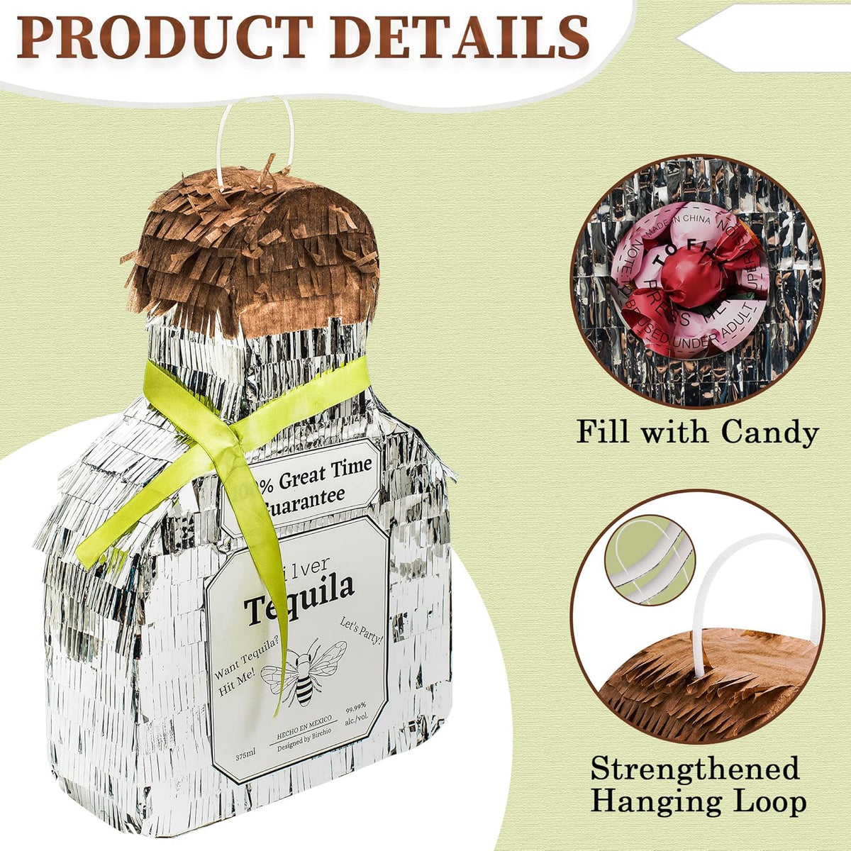 Tequila Bottle Pinata, Silver, Perfect for Birthday Parties, 10.5 x 10.5 x 4 Inches, 5 Pound