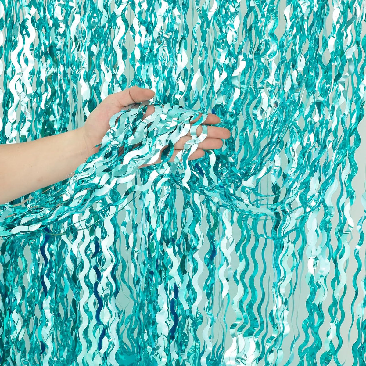 4 Pack 3.3 ft x 6.6 ft Wavy Aqua Teal Blue Tinsel Foil Fringe Curtains Backdrop - Wave Metallic