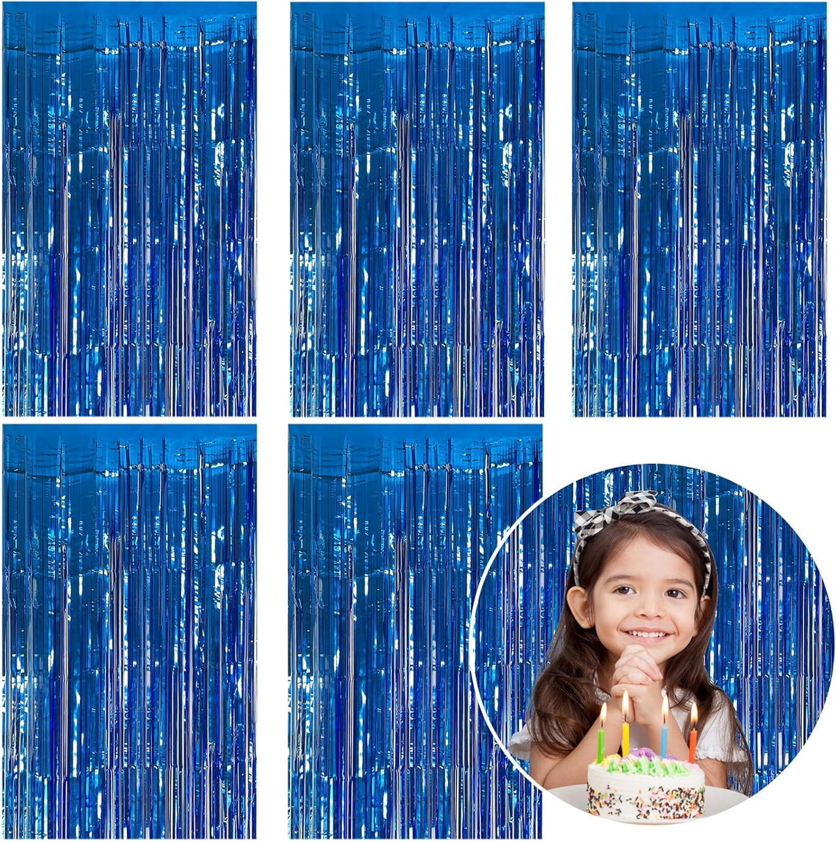 5 Pack Foil Curtain Backdrop Blue Metallic Tinsel Foil Fringe Curtains Photo Booth Props for