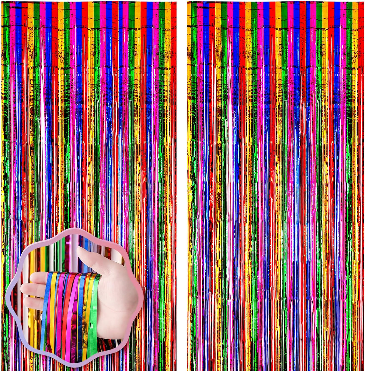2 Pack 3.3x8.2 Feet Rainbow Foil Fringe Backdrop Curtains, Tinsel Streamers Birthday Party