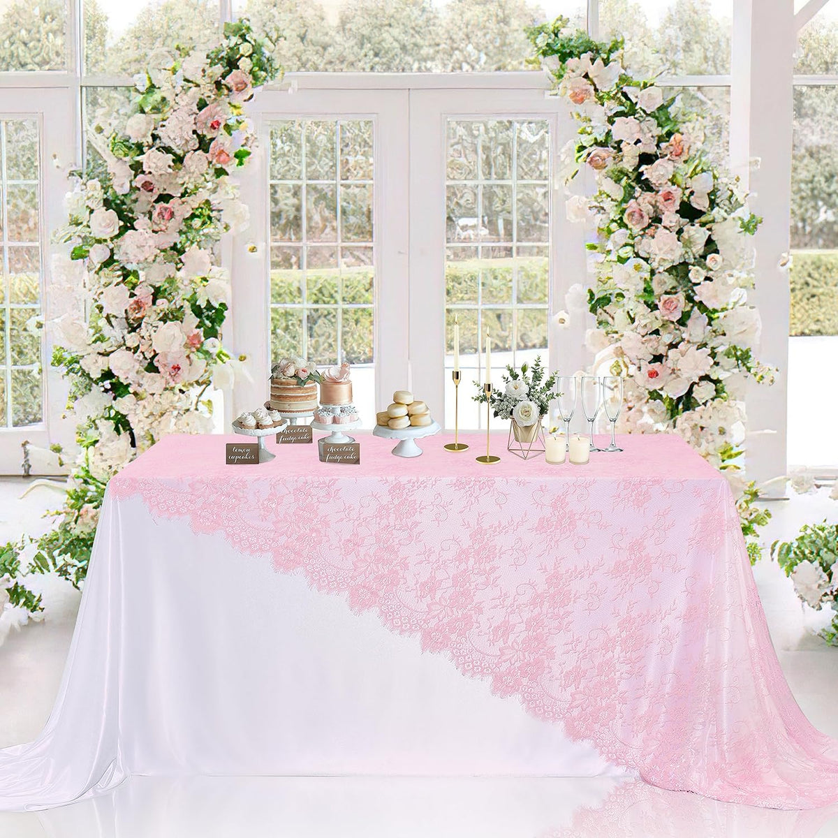 LuoluoHouse Pink Lace Tablecloth Table Fabric 6pcs 60x120 Inch for Vintage Boho Wedding Baby Shower