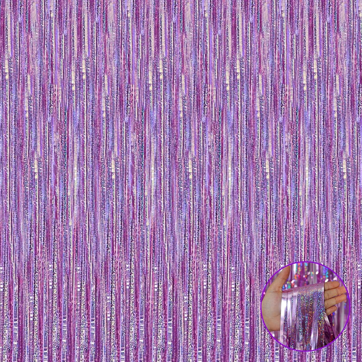 4 Pack Light Purple Tinsel Foil Fringe Curtain Backdrop, 3.28Ft x 8.2Ft Metallic Streamers for