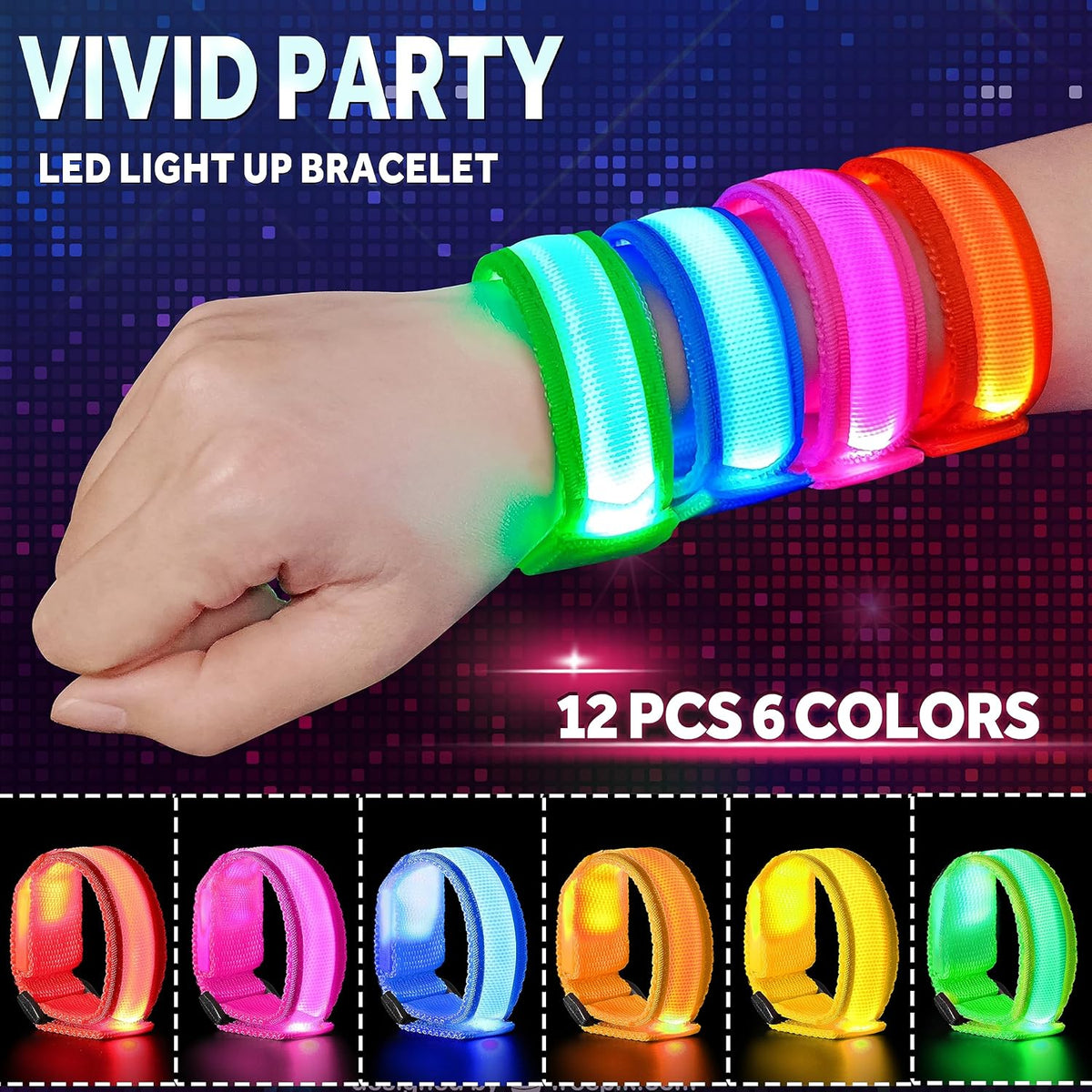 GIFTINBOX 12/6 PCS LED Light Up Bracelets for Kids Adults, LED Glow Flashing Arm Wrist Bands, Glow