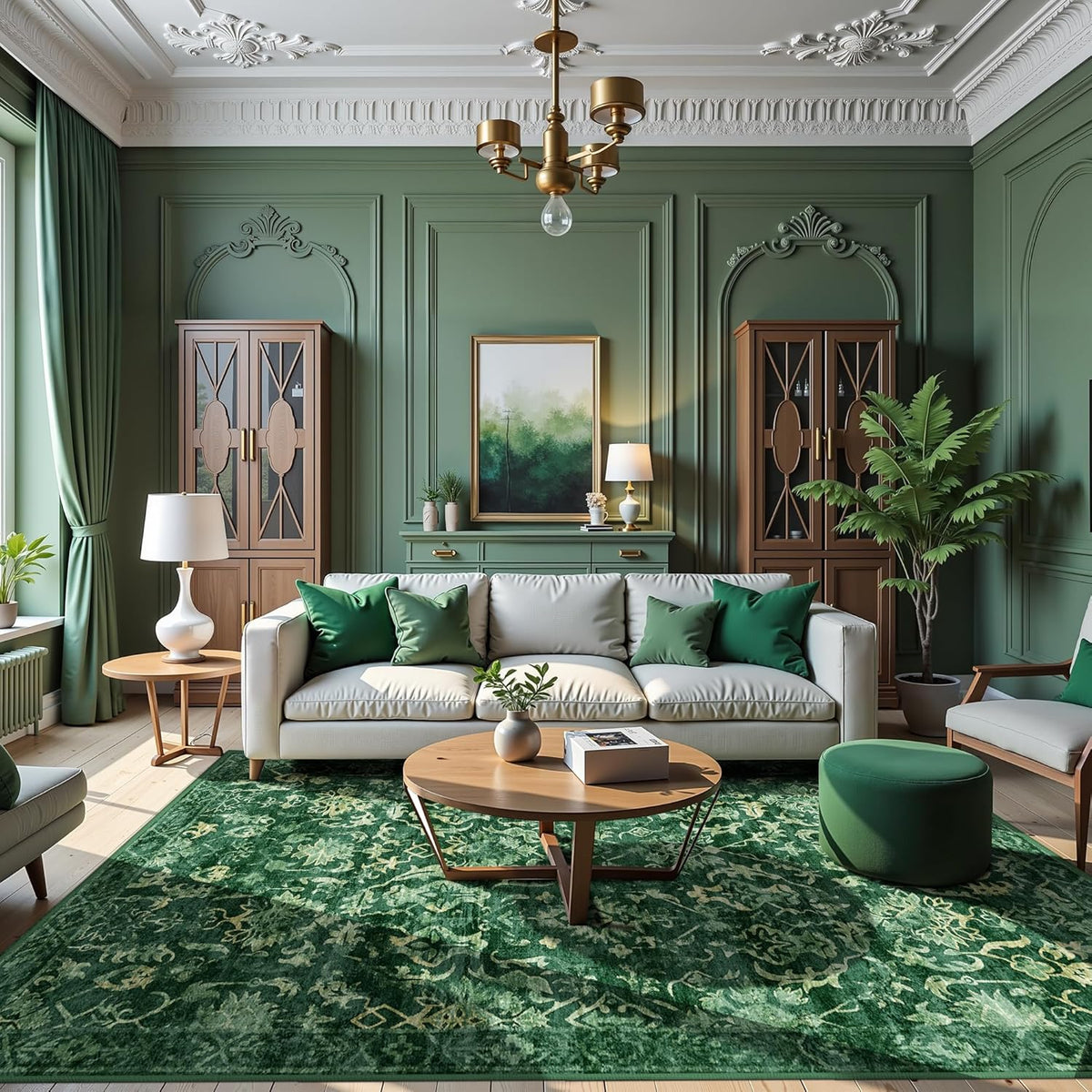 Deep Green Area Rugs 6x8 Rugs for Living Room, Washable Vintage Rugs for Bedroom, Distressed Throw