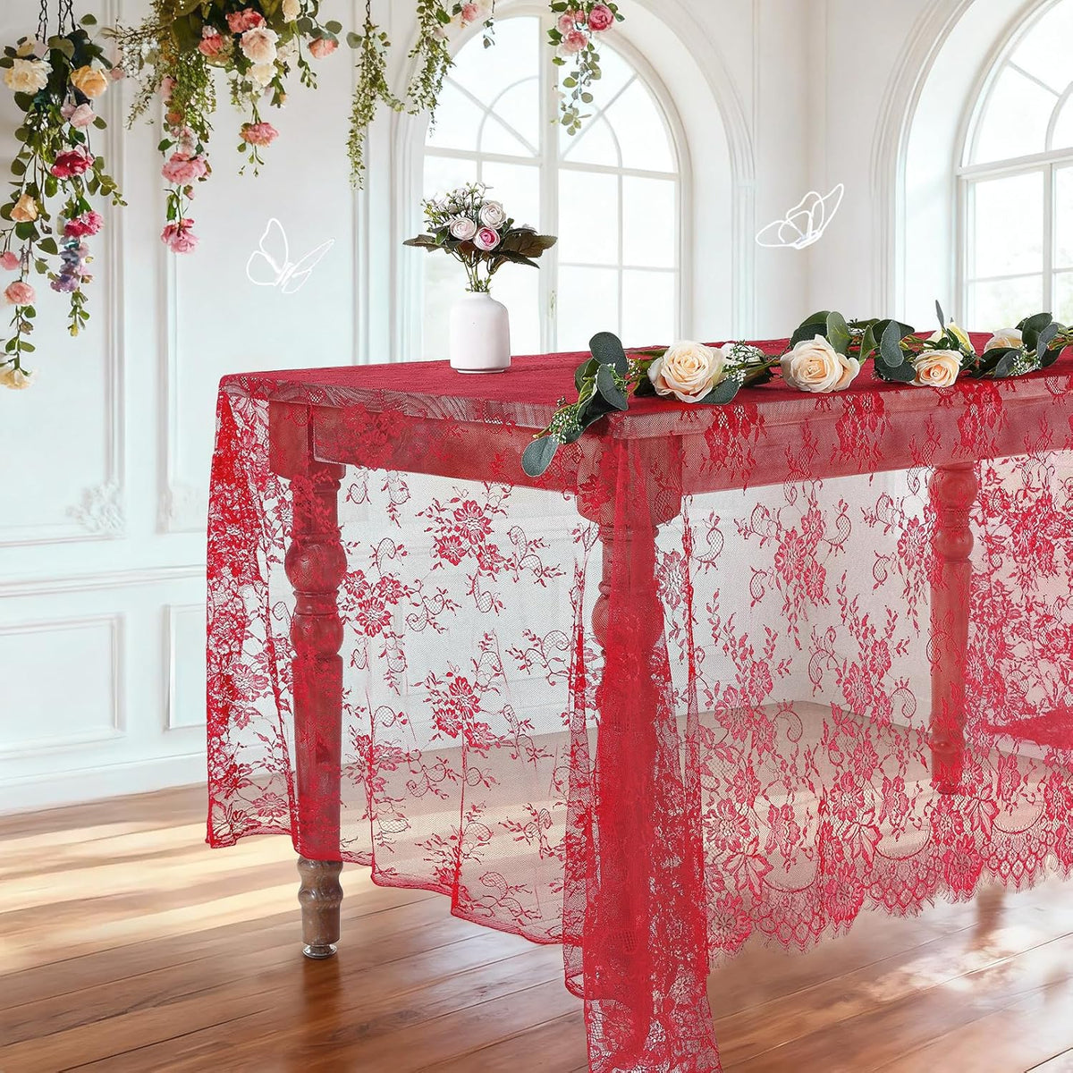 LuoluoHouse Christmas Lace Tablecloth 6pcs Rose Floral Table Fabric 60x120 Inch for Rustic Theme