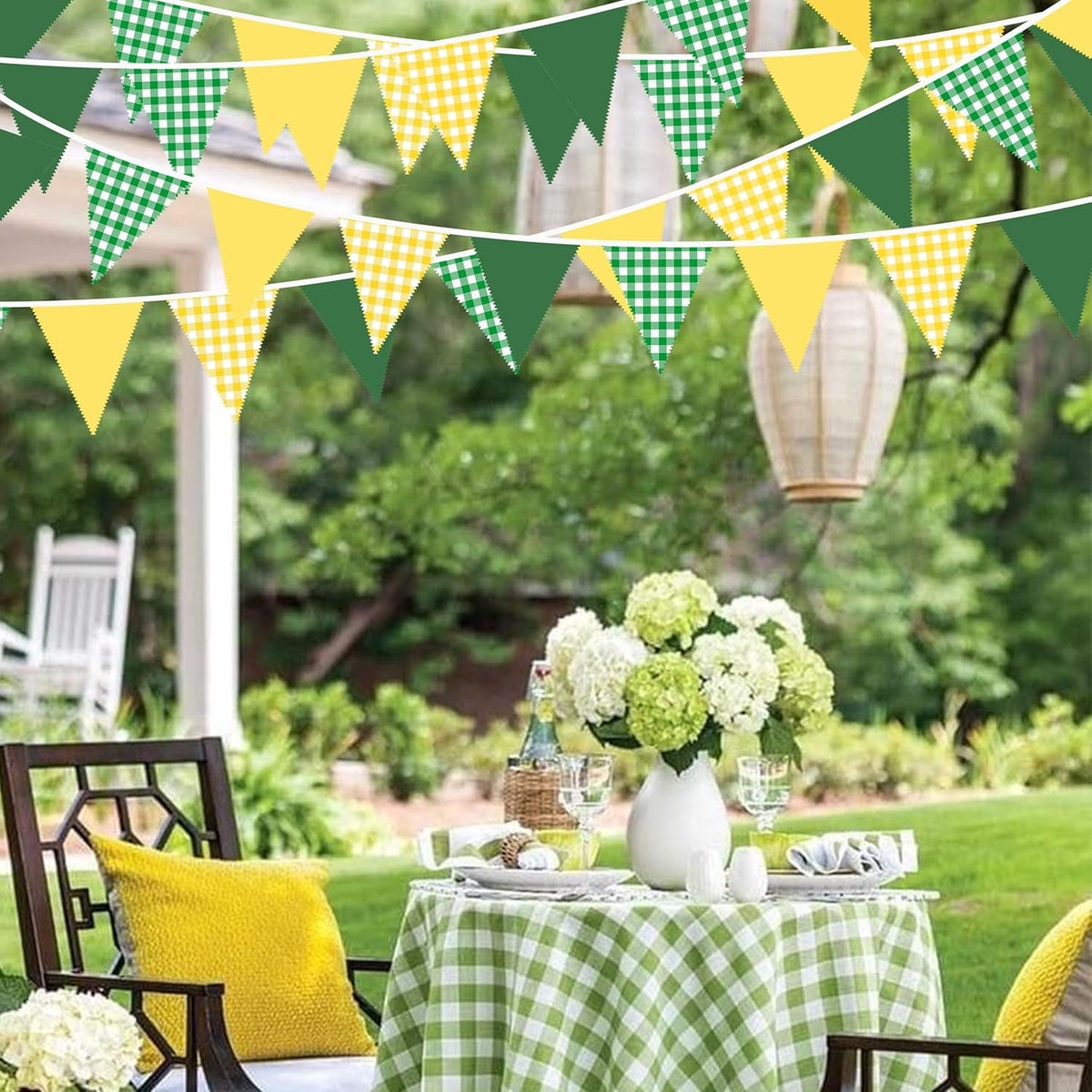 32Ft Yellow Green Party Decorations Green Yellow Gingham Banner Buffalo Plaid Checkered Triangle