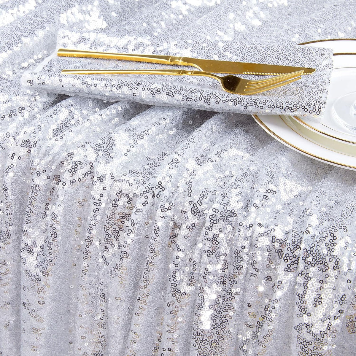 QueenDream Sequin Tablecloth Silver Rectangle Table Cloth - 50x80 Inch Glitter Fabric Overlay for