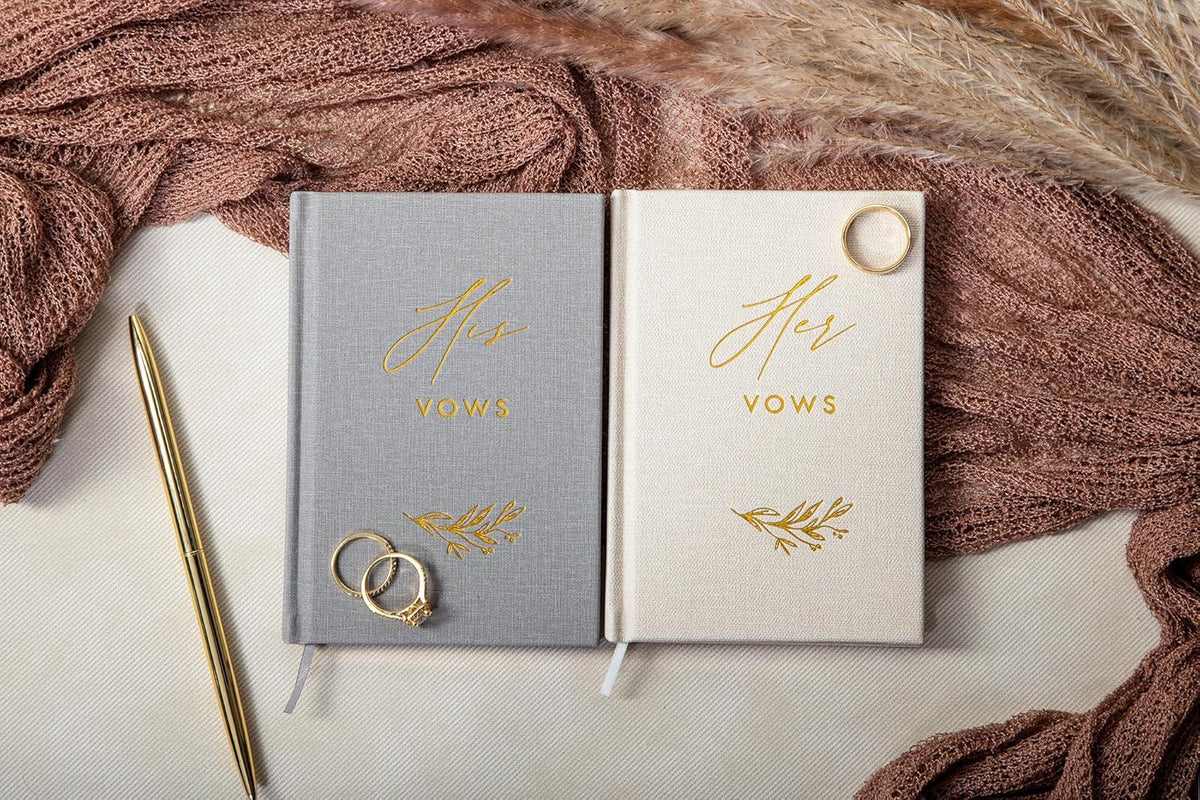 His and Her Vow Books (Set of 2) - Grey & Ivory Hard Cover Gold Embossed Notebook Journal Diary for