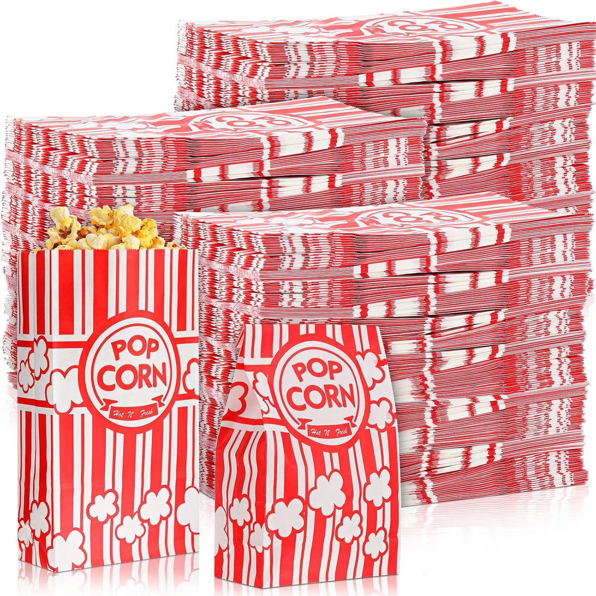 1200 Pcs Paper Popcorn Bags Bulk 2 oz Large Flat Bottom Boxes Red and White Disposable Container