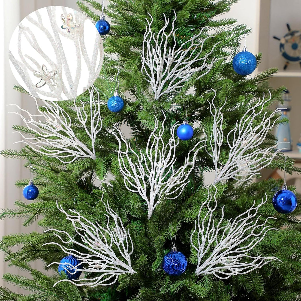 8 Pcs White Coastal Ornaments for Christmas Tree 15.7inch Glitter Coral Beach Ocean Spray Pick