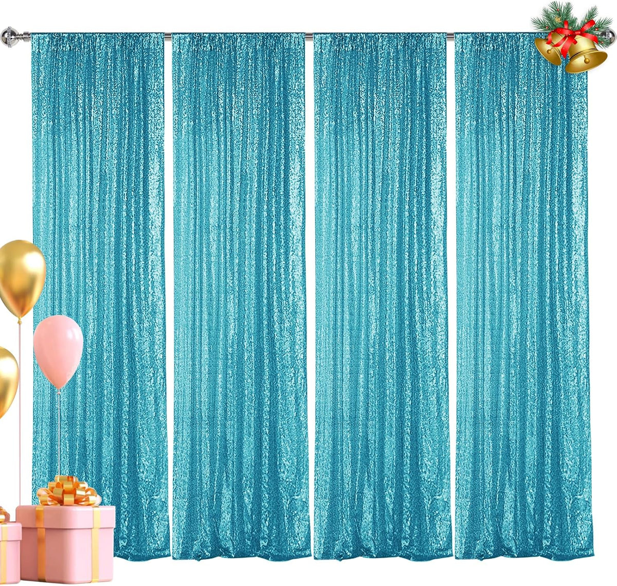 Hahuho Turquoise Sequin Backdrop Curtain, 4PCS 2FTx8FT Glitter Backdrop Curtain for Parties