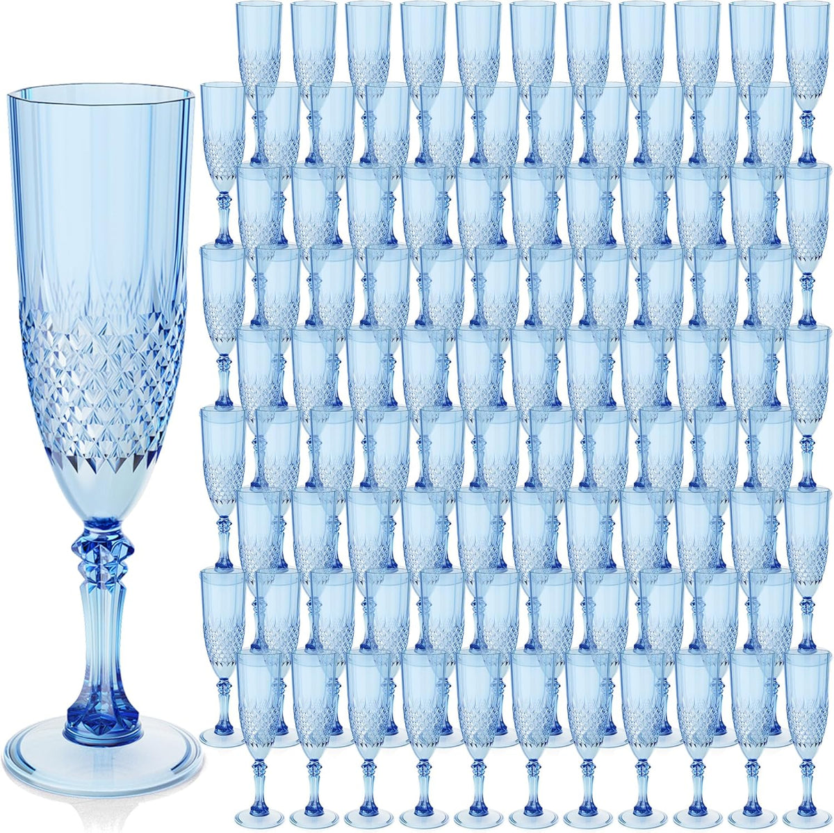 Plastic Champagne Flutes, 100PCS Blue Champagne Glasses Shatterproof Reusable Flute for Weddings