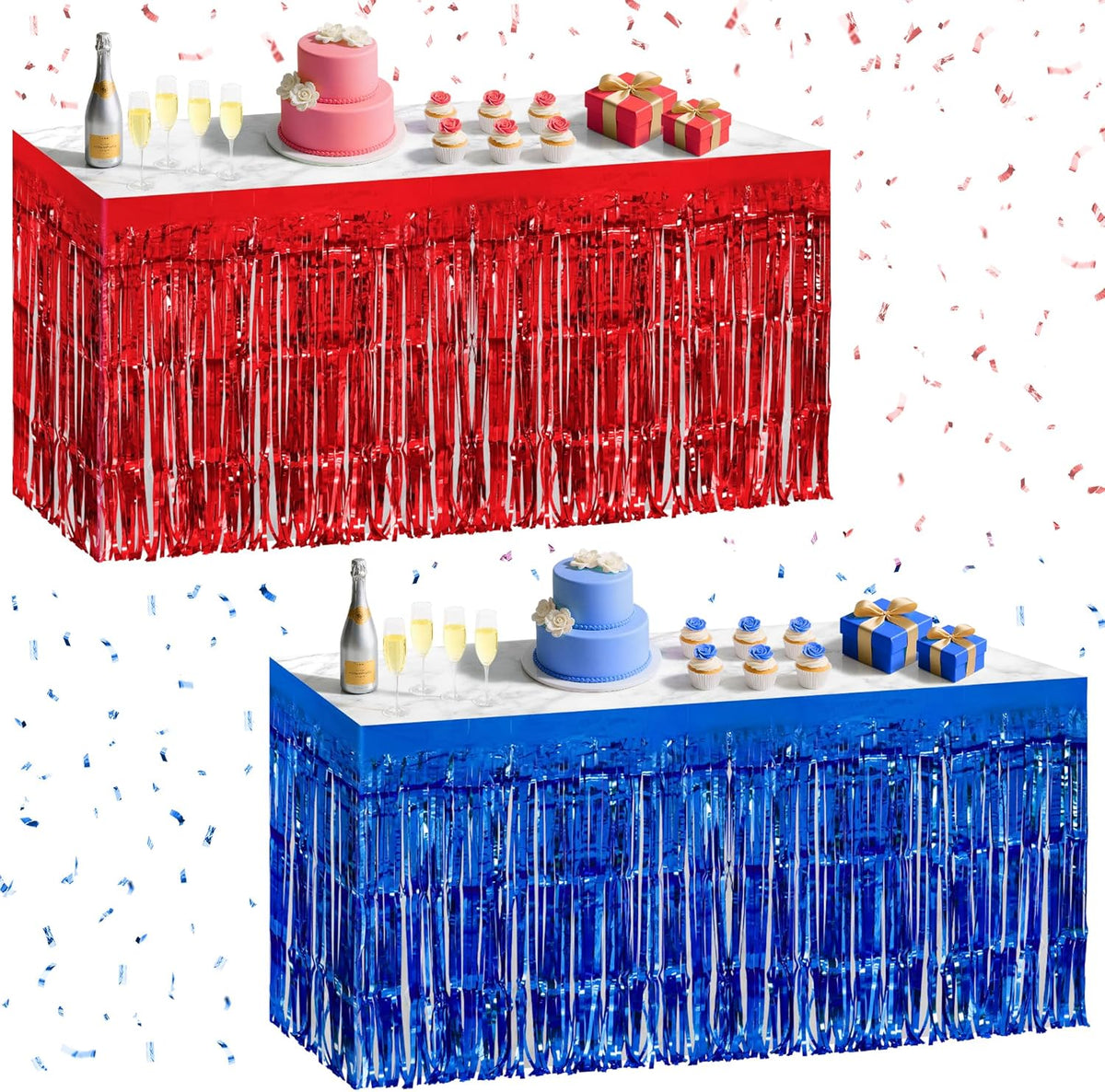 2 Pack Red Dark Blue Table Skirts, 29x108" Metallic Foil Tinsel Fringe Table Skirt for Rectangle