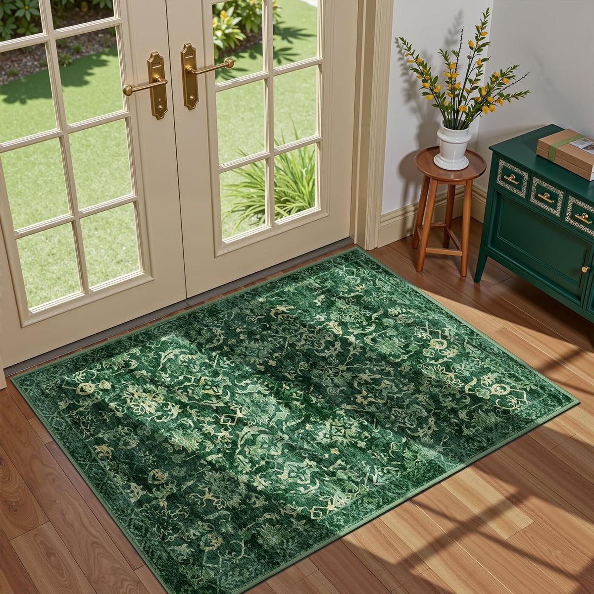 Dark Green Area Rug 2x3 Entryway Rug for Bedroom Bathroom, Non-Slip Low-Pile Washable Distressed