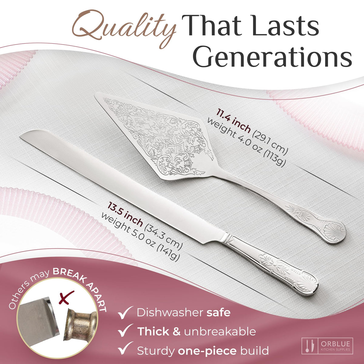 Orblue Wedding Cake Knife and Server Set - Premium, Beautifully Engraved Cutting Set - Elegant