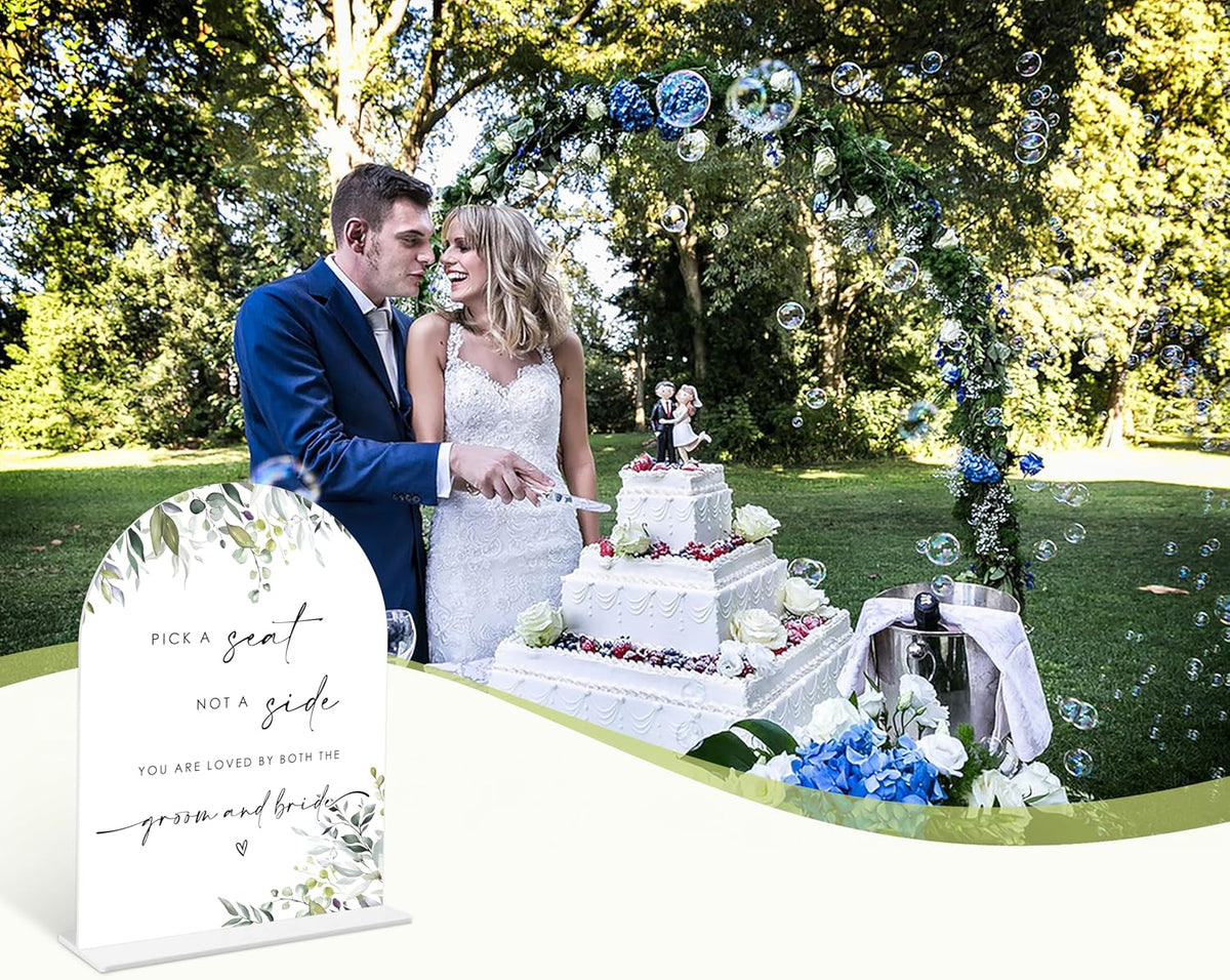 Greenery Pick a Seat Not a Side Sign, 6 x 8 Inch White Arch Acrylic Wedding Sign with Holder