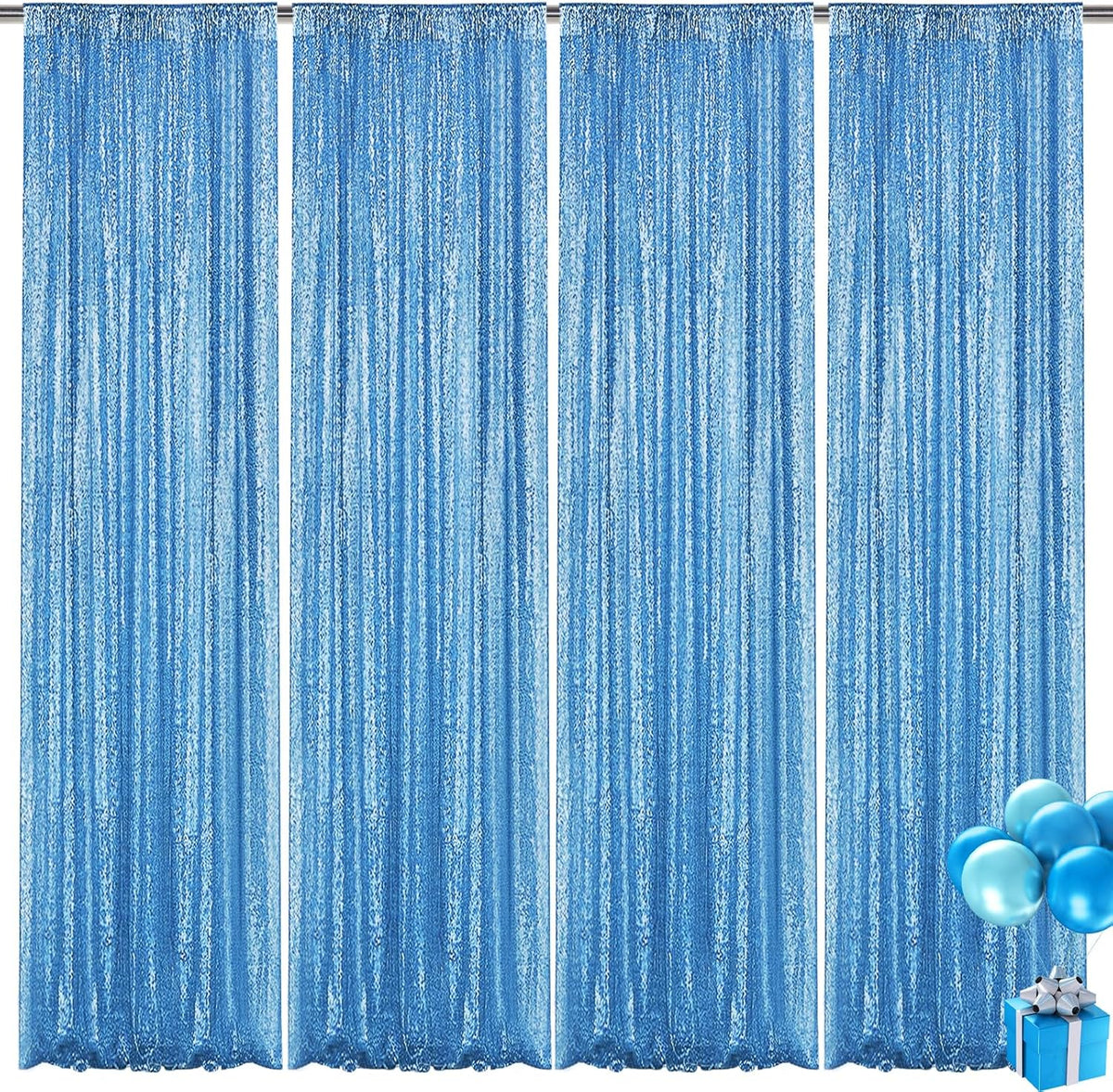 Blue Sequin Backdrop Curtain 4 Pieces 2FTx8FT Glitter Photography Backdrop for Party Wedding
