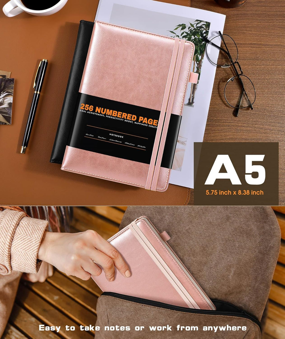 Lined Journal Notebook for Women Men, 256 Numbered Pages Hardcover Leather Journals for Writing, A5