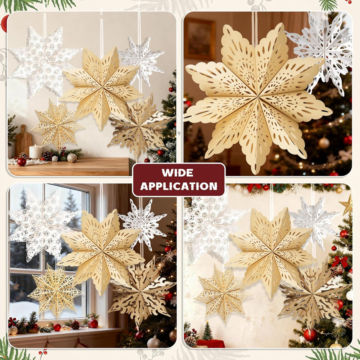 5Pcs Christmas Paper Snowflake Lanterns, Large Christmas Paper Star Lanterns with LED Lights White