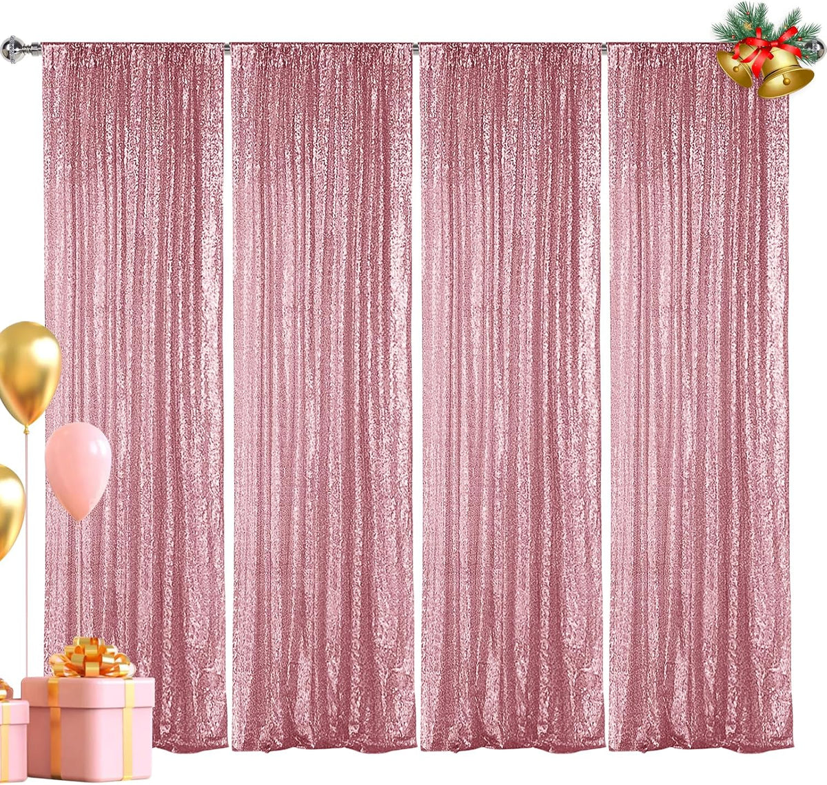 Hahuho Rose Pink Sequin Backdrop Curtain, 4PCS 2FTx8FT Glitter Backdrop Curtain for Parties