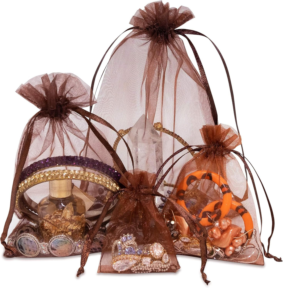 TheDisplayGuys 48-Pack 3x4 Brown Sheer Organza Gift Bags with Drawstring, Jewelry Candy Treat