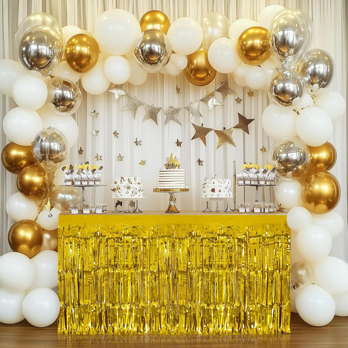 2 Pack Gold Table Skirts, 29x108" Metallic Foil Tinsel Fringe Table Skirts for Rectangle Tables