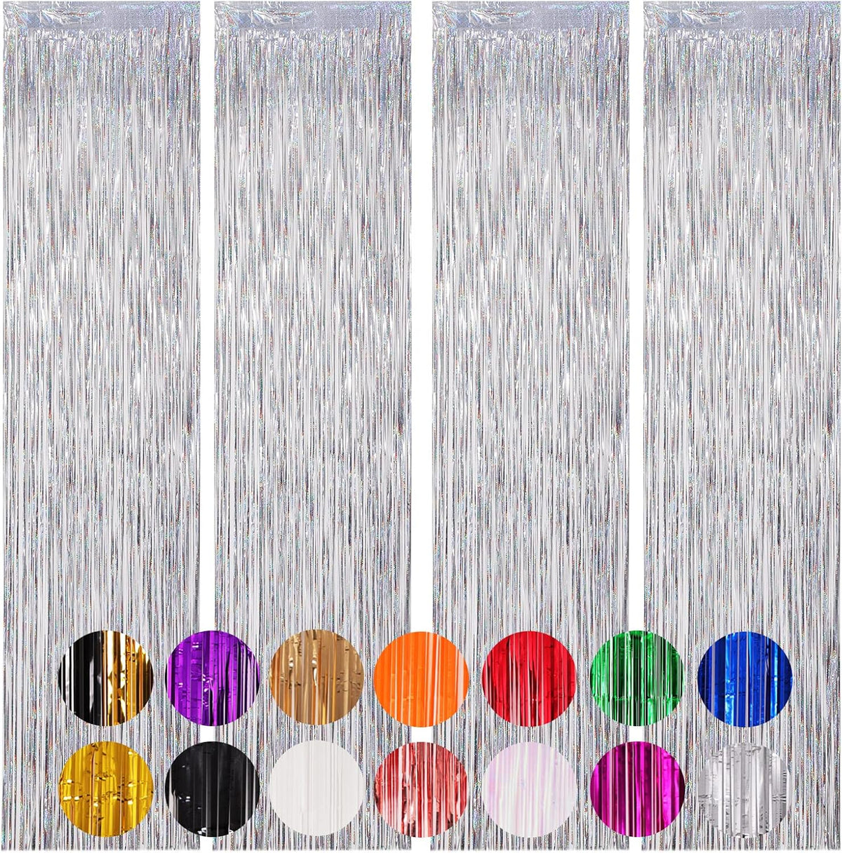 4 Pack Laser Silver Foil Fringe Backdrop Curtains, Tinsel Streamers Birthday Party Decorations