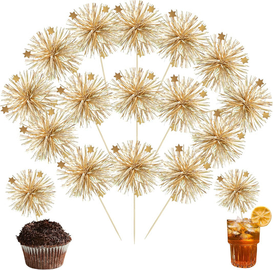 Ephlyn 30Pcs Foil Firework Cupcake Toppers Party Birthday Cake Toppers Supplies Sparkle Tinsel