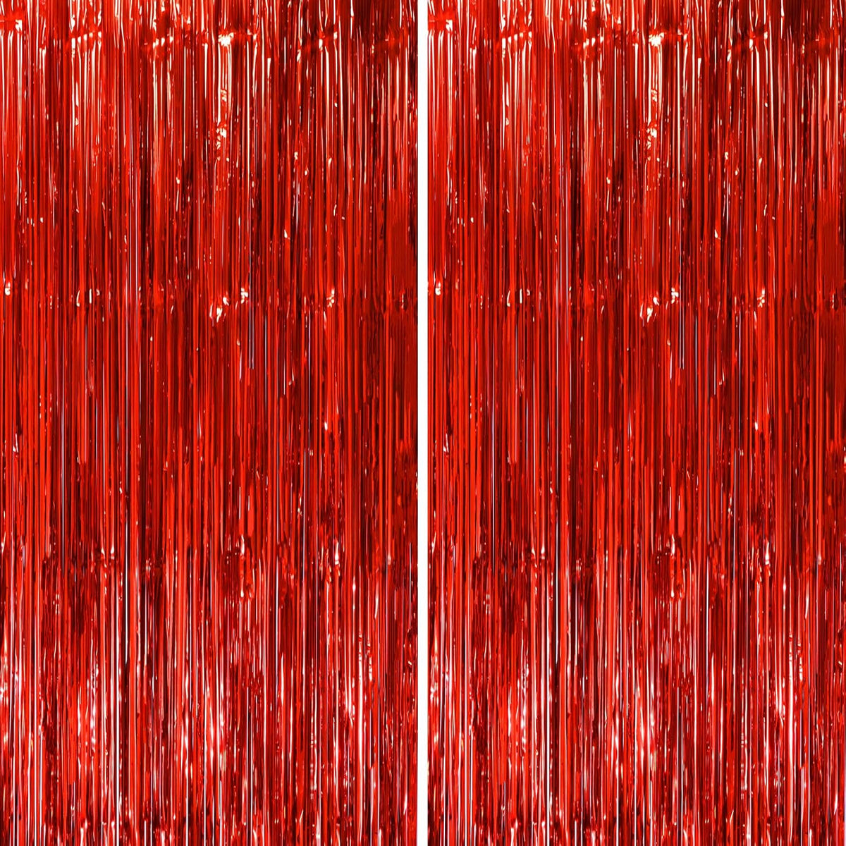 2 Pack Red Tinsel Foil Fringe Curtains, Red Party Decorations, Metallic Tinsel Party Streamers
