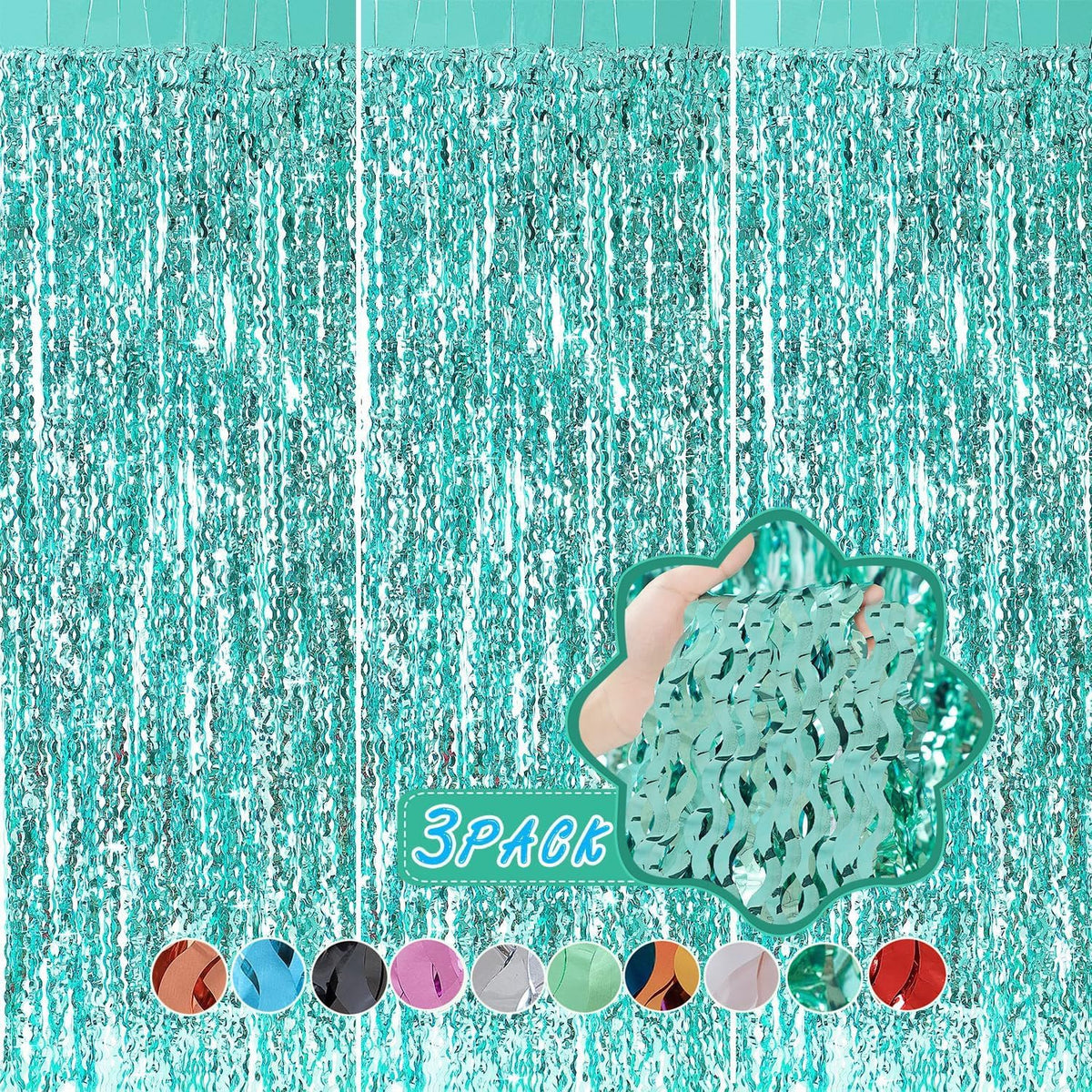 3 Pack Teal Aqua Blue Wave Foil Curtains - 3.3 ft x 6.6 ft Tinsel Metallic Streamers for Photo