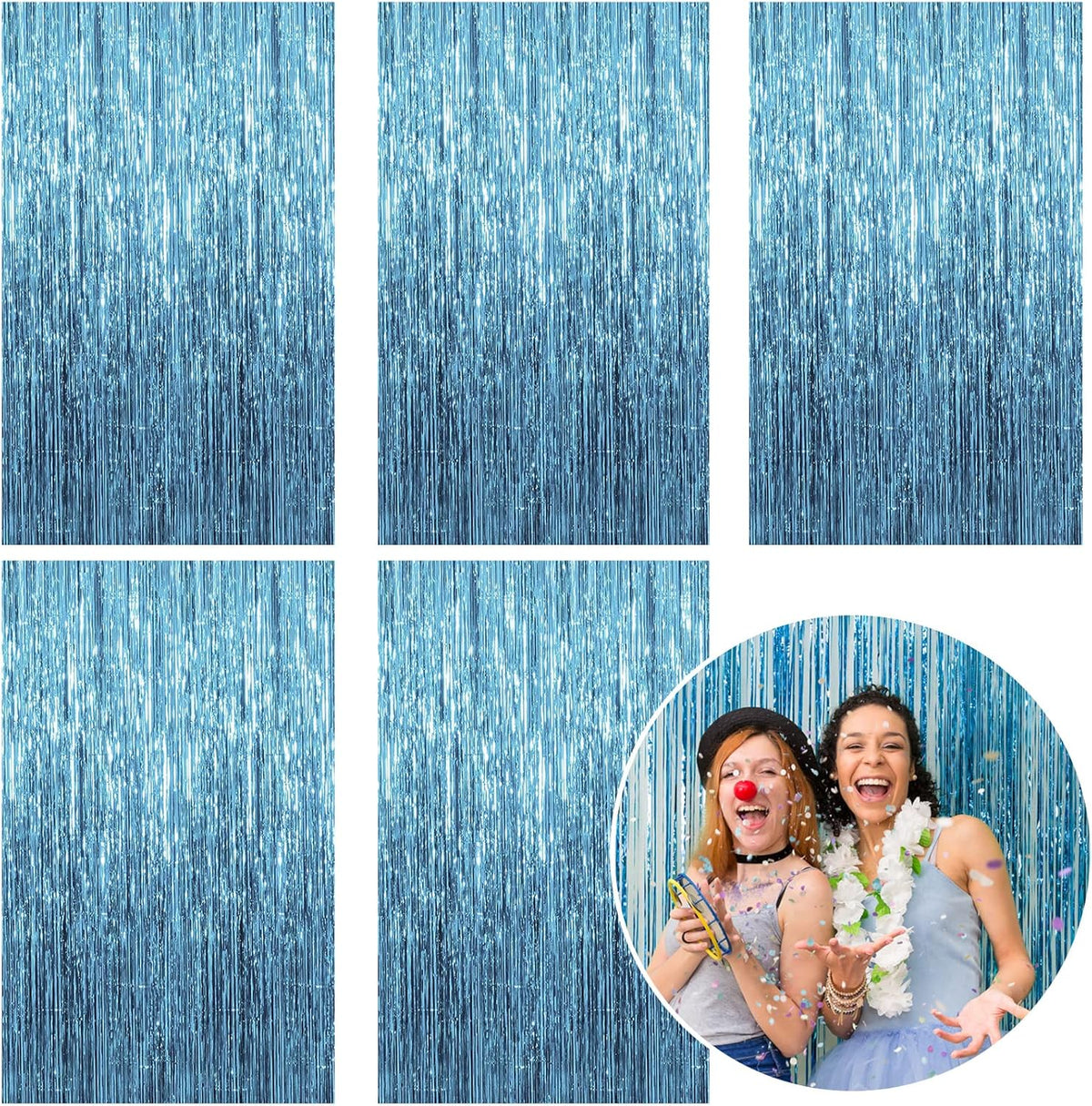 5 Pack Foil Curtain Backdrop Blue Metallic Tinsel Foil Fringe Curtains Photo Booth Props for