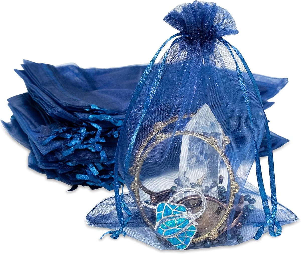 TheDisplayGuys 100-Pack 6x8 Navy Blue Sheer Organza Gift Bags with Drawstring, Jewelry Candy Treat
