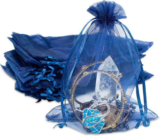 TheDisplayGuys 48-Pack 6x8 Navy Blue Sheer Organza Gift Bags with Drawstring, Jewelry Candy Treat