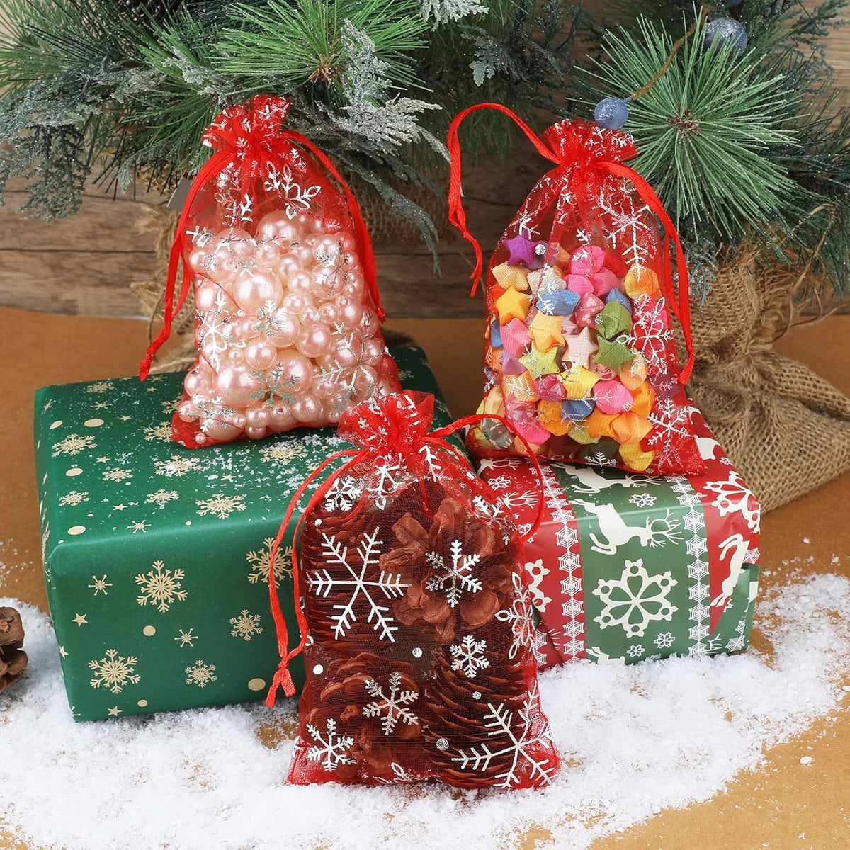 jijAcraft 4x6 Inch Christmas Organza Bags - 50Pcs Red Snowflake Gift Bags with Drawstring, Xmas