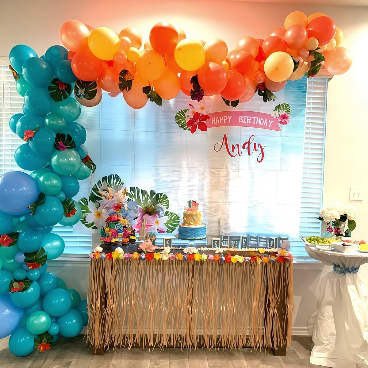 Hawaiian Balloons Set, Pack of 60 12 Inch Orange Teal Blue Light Green Chrome Rose Gold Confetti