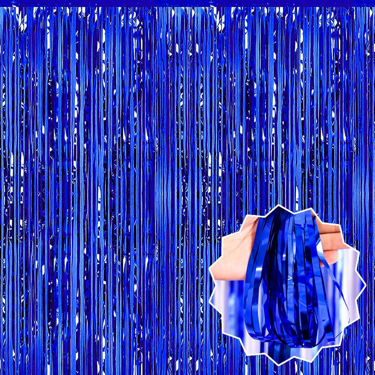 3 Pack Blue Foil Fringe Curtains Backdrop, 3.28 x 9.8 Ft Metallic Streamers Tinsel Curtains