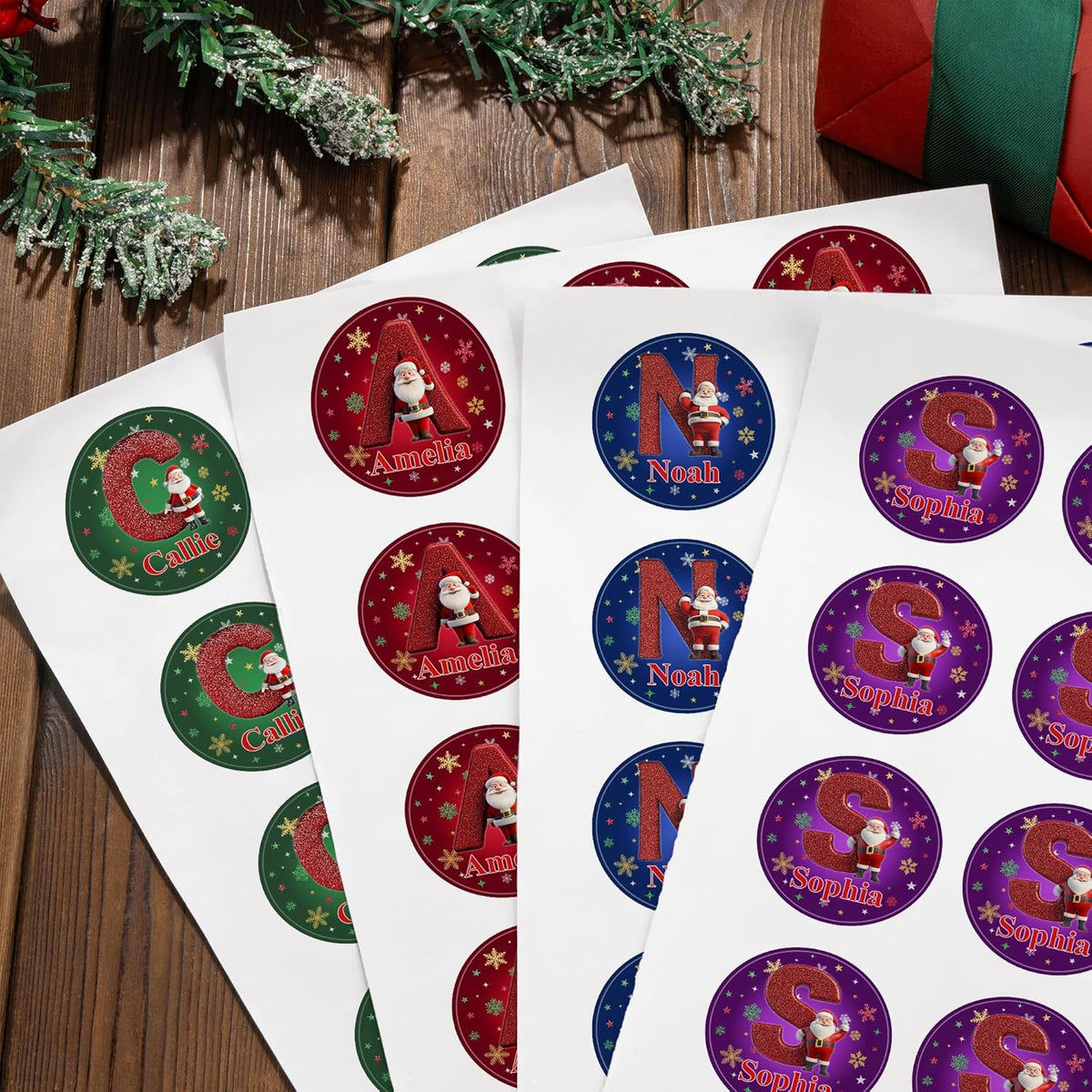 callie Personalized Christmas Stickers - Custom Name & Initial, 1.97 Inch Cartoon Santa Claus