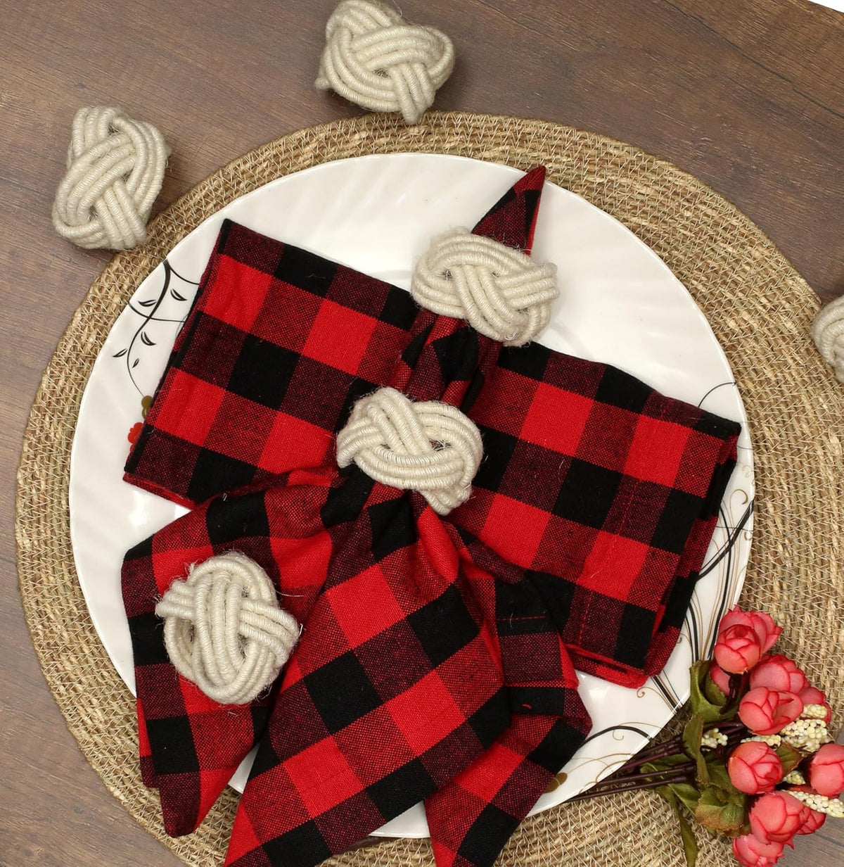 Farmhouse Napkin Ring Set of 12 - Handwoven Cotton & Jute Knot Design for Table Decor, Weddings
