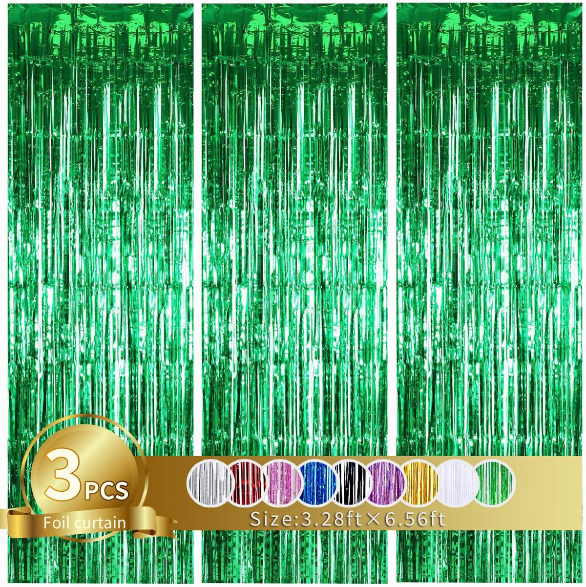 TONIFUL 3Pcs Green Door Streamers,Green Photo Booth Backdrop,Metallic Streamers Green Foil Fringe
