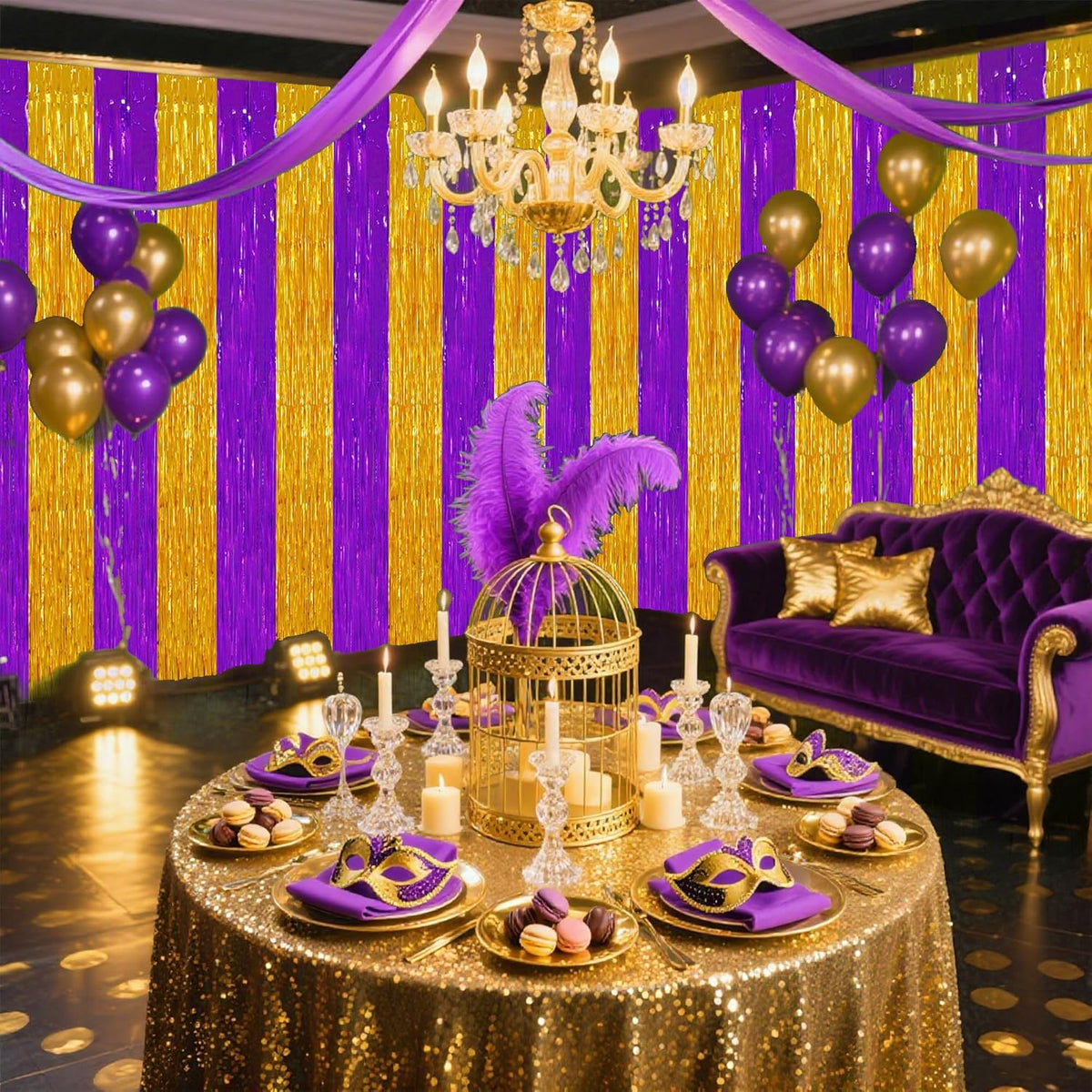 TONIFUL 2Pcs Purple Gold Door Streamers,Green Photo Booth Backdrop,Metallic Streamers Green Foil