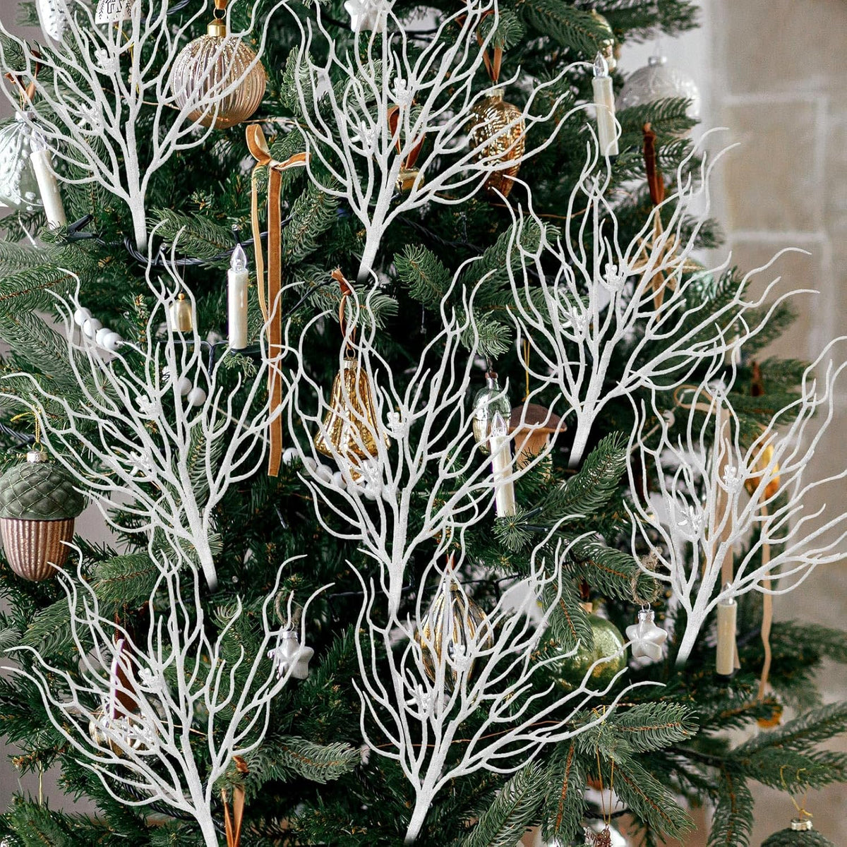 8 Pcs White Coastal Ornaments for Christmas Tree 15.7inch Glitter Coral Beach Ocean Spray Pick