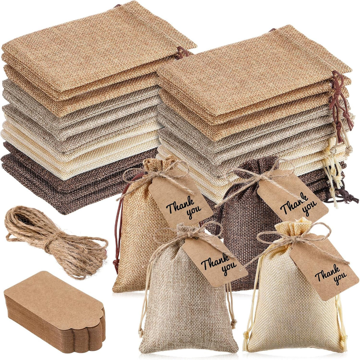 Woanger 100 Pcs Burlap Gift Bags with 100 Pcs Kraft Paper Gift Tags with Drawstring Favor Bulk
