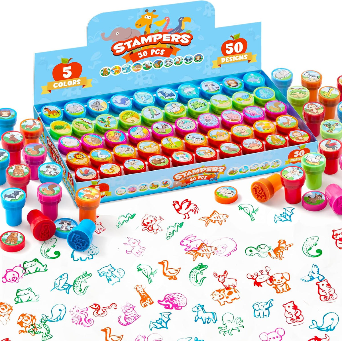 JOYIN 50 Pcs Animal Stamps for Kids, with 50 Different Designs, Farm,Sea Animals,Stamps for