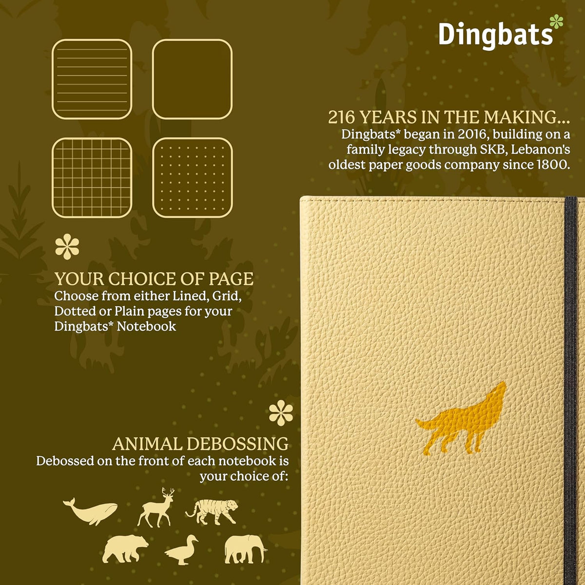 Dingbats* Wildlife Dotted Writing Journal Notebook A5 - Vegan Leather Hardcover - Ideal for Work