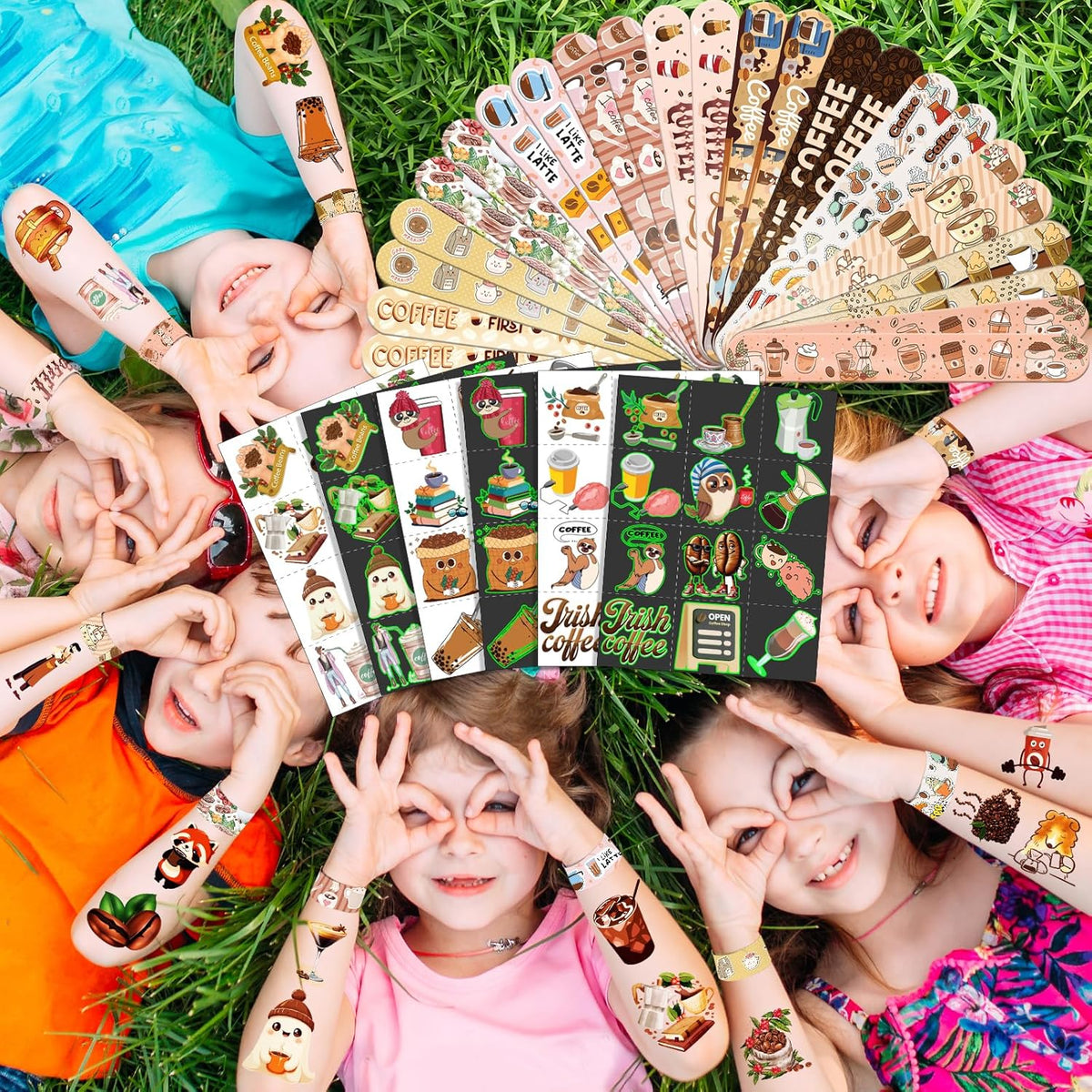 96 PCS Coffee Party Favors Set – 72 Pre-Cut Temporary Tattoos & 24 Slap Bracelets for Kids &