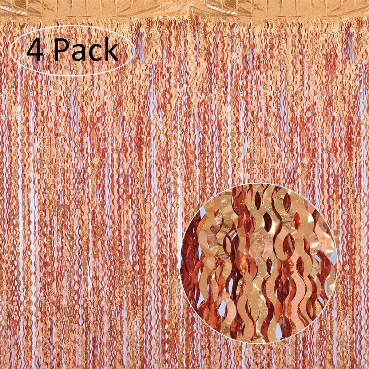 4 Pack 3.3x6.6ft Wavy Orange Foil Fringe Backdrop Curtains -Tinsel Streamers Metallic Foil Fringe