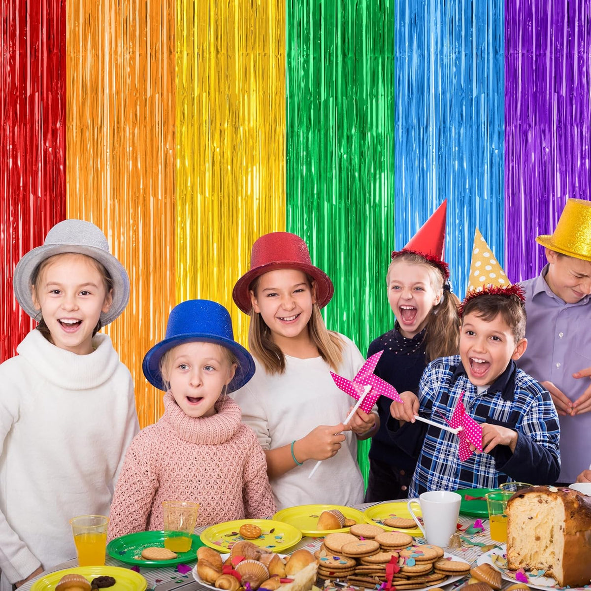 2 Pack Rainbow Backdrop Curtains, 3.28 FT x 7.05 FT Colofull Party Decorations, Metallic Tinsel
