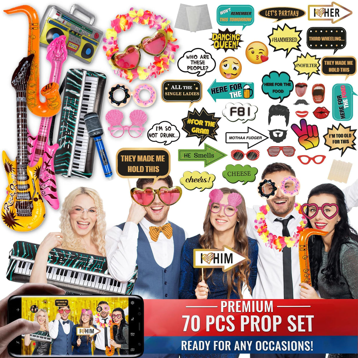 SOUL SHIFT 70 Pc Large Premium Photo Booth Props Set for All Occasions - Wedding Props, Birthday
