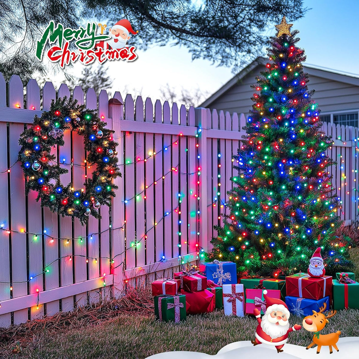 JMEXSUSS 2 Pack Solar String Light 100LED 32.8ft 8 Modes Solar Christmas Lights Waterproof for
