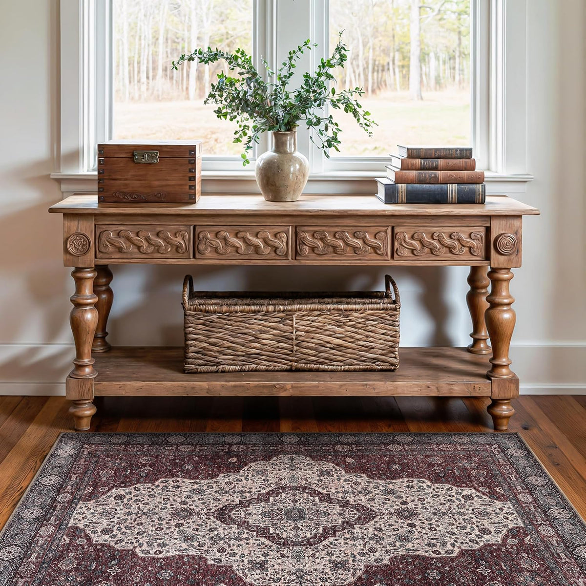 Bloom Rugs Washable Non-Slip 3' x 5' Rug - Red/Green/Cream Traditional Medallion Area Rug for